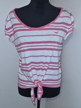 Hollister Pink and White Striped Tie-Front Tee